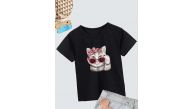 Kız Çocuk Bisiklet Yaka Baskılı T-Shirt - Siyah Kız Çocuk Bisiklet Yaka Baskılı T-Shirt - Siyah