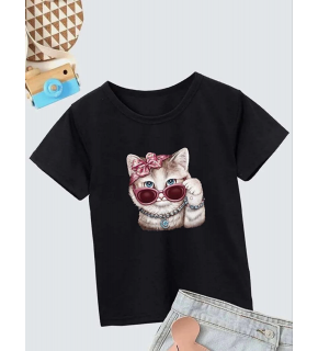 Kız Çocuk Bisiklet Yaka Baskılı T-Shirt - Siyah