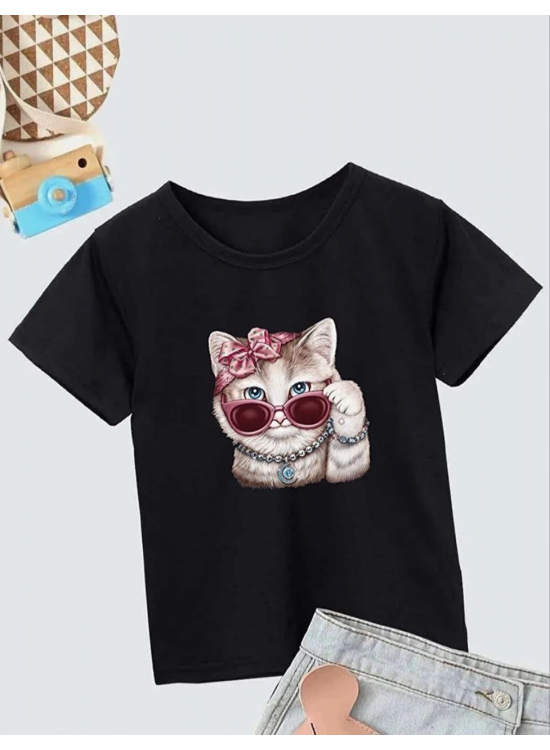 Kız Çocuk Bisiklet Yaka Baskılı T-Shirt - Siyah Kız Çocuk Bisiklet Yaka Baskılı T-Shirt - Siyah