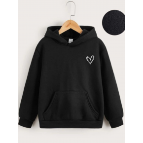 Çocuk Unisex Kapüşonlu Çizgi Kalp Baskılı Sweatshirt - Siyah