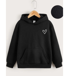 Çocuk Unisex Kapüşonlu Çizgi Kalp Baskılı Sweatshirt - Siyah