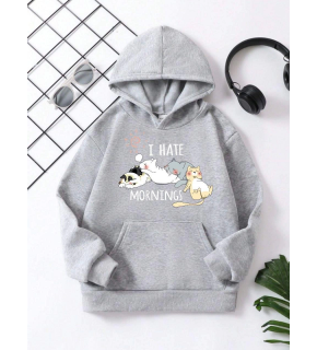 Çocuk Unisex Kapüşonlu Kedicik Baskılı Pamuklu Sweatshirt - Gri