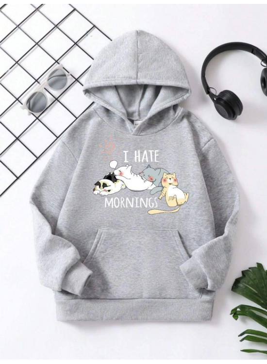 Çocuk Unisex Kapüşonlu Kedicik Baskılı Pamuklu Sweatshirt - Gri Çocuk Unisex Kapüşonlu Kedicik Baskılı Pamuklu Sweatshirt - Gri