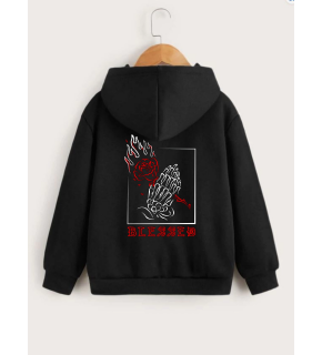 Çocuk Unisex Kapüşonlu Ön ve Arka Blessed Baskılı Sweatshirt - Siyah