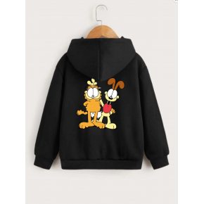 Çocuk Unisex Kapüşonlu Ön ve Arka Garfield Baskılı Sweatshirt - Siyah