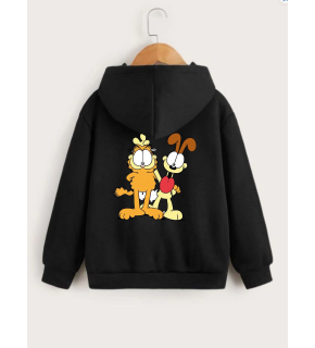 Çocuk Unisex Kapüşonlu Ön ve Arka Garfield Baskılı Sweatshirt - Siyah