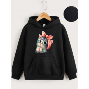 Çocuk Unisex Kapüşonlu Tatlı Kedi Baskılı Sweatshirt - Siyah