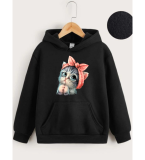 Çocuk Unisex Kapüşonlu Tatlı Kedi Baskılı Sweatshirt - Siyah