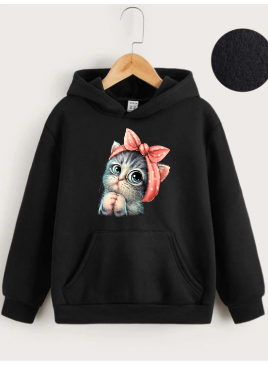 Çocuk Unisex Kapüşonlu Tatlı Kedi Baskılı Sweatshirt - Siyah Çocuk Unisex Kapüşonlu Tatlı Kedi Baskılı Sweatshirt - Siyah
