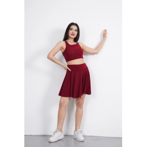 Sendy Kumaş Bisiklet Yaka Crop Şortlu Etek ikili Takım - Bordo