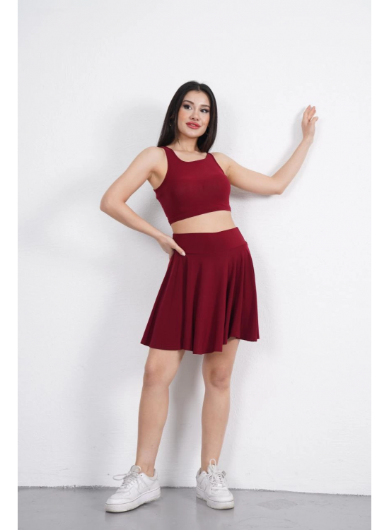 Sendy Kumaş Bisiklet Yaka Crop Şortlu Etek ikili Takım - Bordo Sendy Kumaş Bisiklet Yaka Crop Şortlu Etek ikili Takım - Bordo