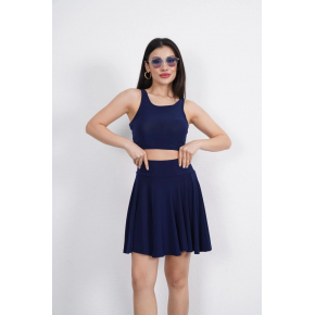Sendy Kumaş Bisiklet Yaka Crop Şortlu Etek ikili Takım - Lacivert
