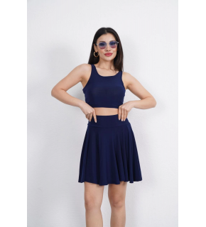 Sendy Kumaş Bisiklet Yaka Crop Şortlu Etek ikili Takım - Lacivert