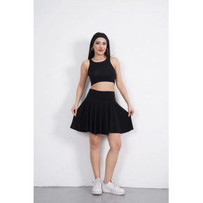 Sendy Kumaş Bisiklet Yaka Crop Şortlu Etek ikili Takım - Siyah