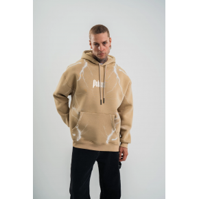 Erkek Baskılı Kapüşonlu Oversize 3 İplik Pamuklu SweatShirt Hoodie - Bej