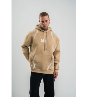 Erkek Baskılı Kapüşonlu Oversize 3 İplik Pamuklu SweatShirt Hoodie - Bej