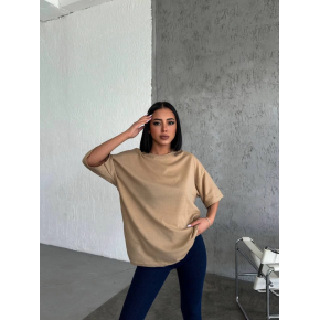 Kadın Düz T-Shirt Kısa Kol Bisiklet Yaka Oversize Rahat Kalıp Günlük Tişört - Bej