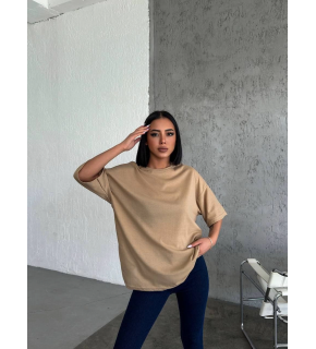 Kadın Düz T-Shirt Kısa Kol Bisiklet Yaka Oversize Rahat Kalıp Günlük Tişört - Bej