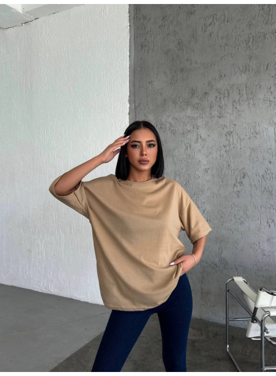 Kadın Düz T-Shirt Kısa Kol Bisiklet Yaka Oversize Rahat Kalıp Günlük Tişört - Bej Kadın Düz T-Shirt Kısa Kol Bisiklet Yaka Oversize Rahat Kalıp Günlük Tişört - Bej