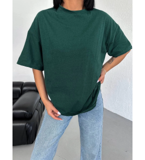 Kadın Düz T-Shirt Kısa Kol Bisiklet Yaka Oversize Rahat Kalıp Günlük Tişört - Haki