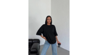Kadın Düz T-Shirt Kısa Kol Bisiklet Yaka Oversize Tişört - Siyah Kadın Düz T-Shirt Kısa Kol Bisiklet Yaka Oversize Tişört - Siyah