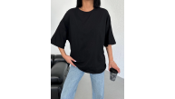 Kadın Düz T-Shirt Kısa Kol Bisiklet Yaka Oversize Tişört - Siyah Kadın Düz T-Shirt Kısa Kol Bisiklet Yaka Oversize Tişört - Siyah