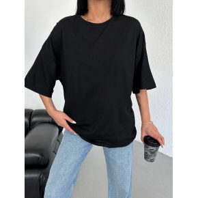 Kadın Düz T-Shirt Kısa Kol Bisiklet Yaka Oversize Tişört - Siyah