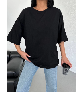 Kadın Düz T-Shirt Kısa Kol Bisiklet Yaka Oversize Tişört - Siyah