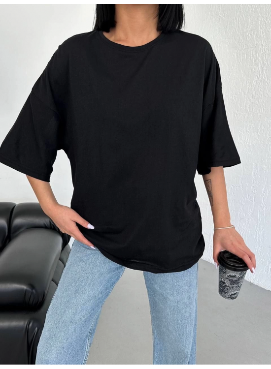 Kadın Düz T-Shirt Kısa Kol Bisiklet Yaka Oversize Tişört - Siyah Kadın Düz T-Shirt Kısa Kol Bisiklet Yaka Oversize Tişört - Siyah