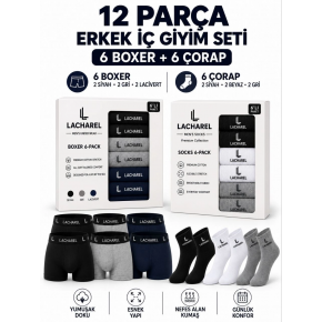 Erkek 12'li İç Giyim Seti Pamuklu 6 Boxer 6 Çorap Çoklu Paket - Siyah - Lacivert - Gri - Beyaz