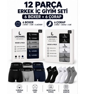 Erkek 12'li İç Giyim Seti Pamuklu 6 Boxer 6 Çorap Çoklu Paket - Siyah - Lacivert - Gri - Beyaz