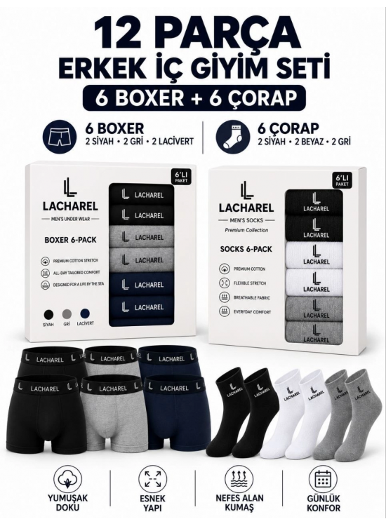 Erkek 12'li İç Giyim Seti Pamuklu 6 Boxer 6 Çorap Çoklu Paket - Siyah - Lacivert - Gri - Beyaz