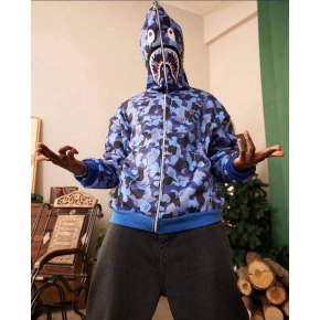 Erkek 2 İplik Bape Kapüşonu Fermuarlı Hırka - Mavi