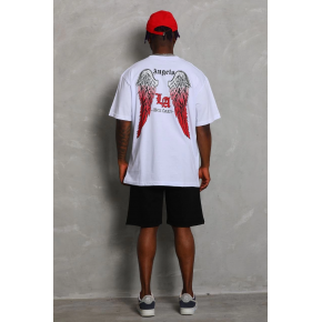 Erkek Kısa Kol Tişört Bisiklet Yaka KANAT Baskılı Oversize T-Shirt - Beyaz