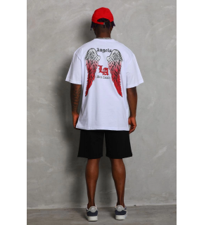 Erkek Kısa Kol Tişört Bisiklet Yaka KANAT Baskılı Oversize T-Shirt - Beyaz