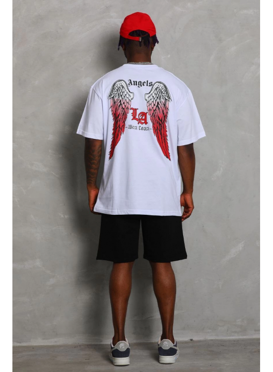 Erkek Kısa Kol Tişört Bisiklet Yaka KANAT Baskılı Oversize T-Shirt - Beyaz Erkek Kısa Kol Tişört Bisiklet Yaka KANAT Baskılı Oversize T-Shirt - Beyaz