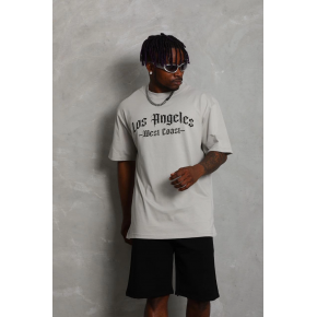 Erkek Baskılı Tişört Kısa Kol Bisiklet Yaka Oversize T-Shirt - Gri