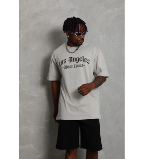 Erkek Baskılı Tişört Kısa Kol Bisiklet Yaka Oversize T-Shirt - Gri
