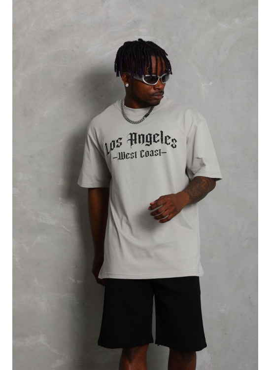 Erkek Baskılı Tişört Kısa Kol Bisiklet Yaka Oversize T-Shirt - Gri Erkek Baskılı Tişört Kısa Kol Bisiklet Yaka Oversize T-Shirt - Gri