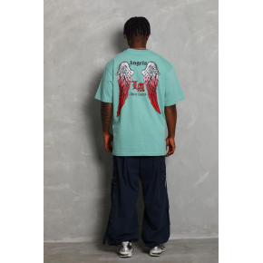 Erkek Kısa Kol Tişört Bisiklet Yaka KANAT Baskılı Oversize T-Shirt - Mint Yeşili