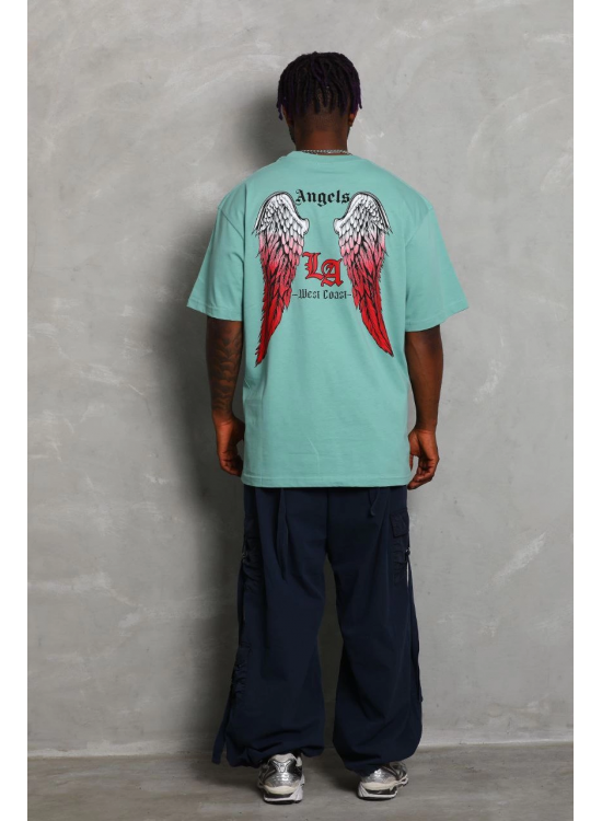 Erkek Kısa Kol Tişört Bisiklet Yaka KANAT Baskılı Oversize T-Shirt - Mint Yeşili