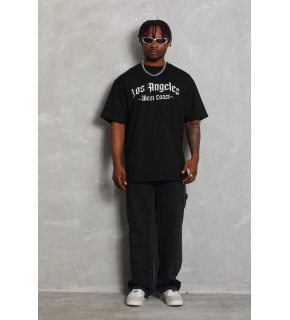 Erkek Baskılı Tişört Kısa Kol Bisiklet Yaka Oversize T-Shirt - Siyah