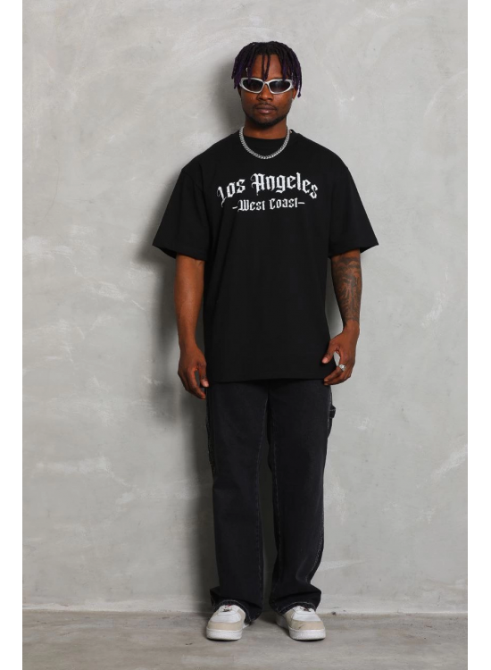 Erkek Baskılı Tişört Kısa Kol Bisiklet Yaka Oversize T-Shirt - Siyah