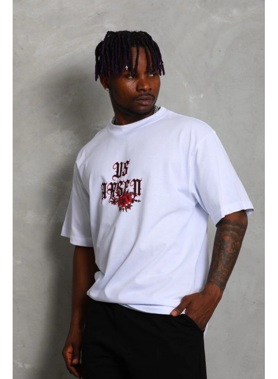 Erkek Baskılı Tişört Kısa Kol Bisiklet Yaka Oversize T-Shirt - Beyaz