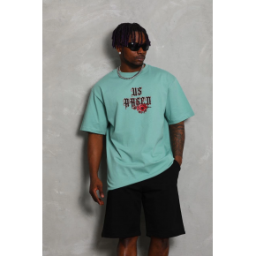 Erkek Baskılı Tişört Kısa Kol Bisiklet Yaka Oversize T-Shirt - Mint Yeşili