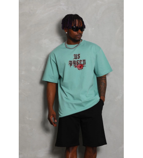 Erkek Baskılı Tişört Kısa Kol Bisiklet Yaka Oversize T-Shirt - Mint Yeşili