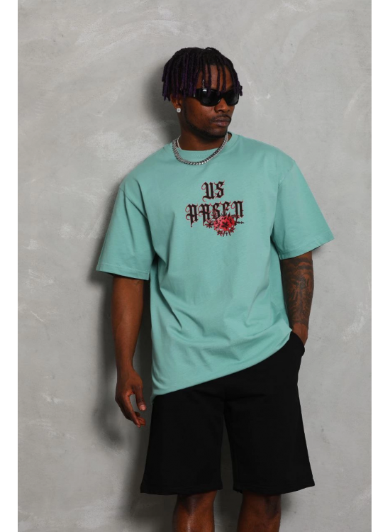 Erkek Baskılı Tişört Kısa Kol Bisiklet Yaka Oversize T-Shirt - Mint Yeşili