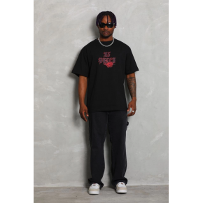 Erkek Baskılı Tişört Kısa Kol Bisiklet Yaka Oversize T-Shirt - Siyah