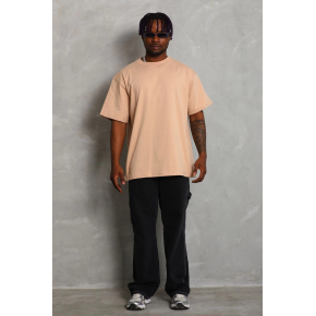 Erkek Düz Yazlık Kısa Kol Tişört Bisiklet Yaka Oversize T-Shirt - Bej