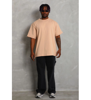 Erkek Düz Yazlık Kısa Kol Tişört Bisiklet Yaka Oversize T-Shirt - Bej